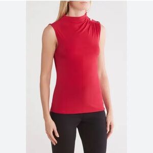 T Tahari Sleeveless Mock Neck Golden buttons gathered shoulder Blouse Top NWT S
